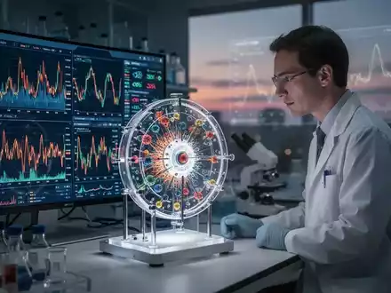 Ein Wissenschaftler in einem Labor, der Daten zur Chronobiologie und Diabetesbehandlung analysiert, mit digitalen Anzeigen und einem biologischen Uhrenmodell. - Foto: über boerse-global.de
