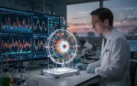 Ein Wissenschaftler in einem Labor, der Daten zur Chronobiologie und Diabetesbehandlung analysiert, mit digitalen Anzeigen und einem biologischen Uhrenmodell. - Foto: über boerse-global.de
