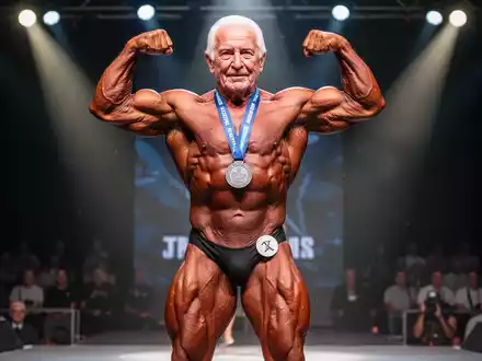 Ein muskulöser Bodybuilder über 60 auf einer Bühne, der seine Muskeln anspannt und eine Silbermedaille trägt. - Foto: über boerse-global.de