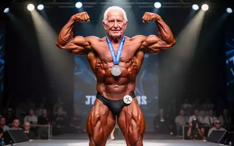 Ein muskulöser Bodybuilder über 60 auf einer Bühne, der seine Muskeln anspannt und eine Silbermedaille trägt. - Foto: über boerse-global.de