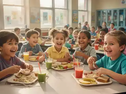 Kinder frühstücken gemeinsam in einer hellen Schulkantine, symbolisch für ein Förderprogramm. - Foto: über boerse-global.de