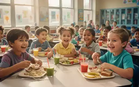 Kinder frühstücken gemeinsam in einer hellen Schulkantine, symbolisch für ein Förderprogramm. - Foto: über boerse-global.de