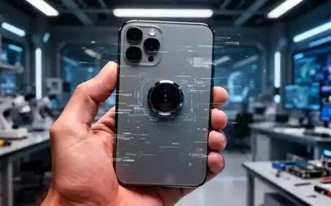 A close-up of an iPhone's camera lens held by a hand, with a digital glitch effect on the screen. - Foto: über boerse-global.de