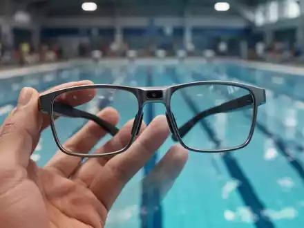 Eine Hand hält Smart Glasses mit integrierter Kamera vor dem verschwommenen Hintergrund eines Schwimmbads, symbolisch für Datenschutzbedenken. - Foto: über boerse-global.de