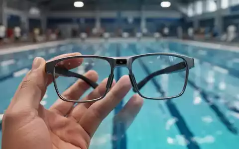 Eine Hand hält Smart Glasses mit integrierter Kamera vor dem verschwommenen Hintergrund eines Schwimmbads, symbolisch für Datenschutzbedenken. - Foto: über boerse-global.de