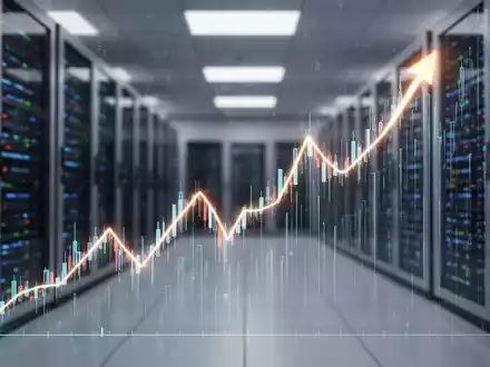 Ein stilisierter, leuchtender Börsenchart mit starkem Aufwärtstrend vor einem Hintergrund moderner Rechenzentren. - Foto: über boerse-global.de