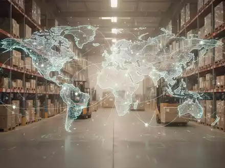 Eine moderne, digitale Darstellung einer globalen Lieferkette mit vernetzten Linien und stilisierten Lagerelementen. - Foto: über boerse-global.de