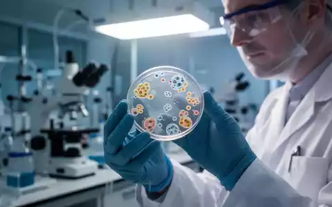 Eine Nahaufnahme eines Wissenschaftlers in einem Labor, der eine Petrischale mit Zellkulturen untersucht, mit unscharfer Laborausrüstung im Hintergrund. - Foto: über boerse-global.de