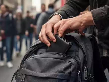 Eine Hand greift diskret in einen offenen Rucksack, um eine Geldbörse zu stehlen, im Hintergrund verschwommene Menschen. - Foto: über boerse-global.de