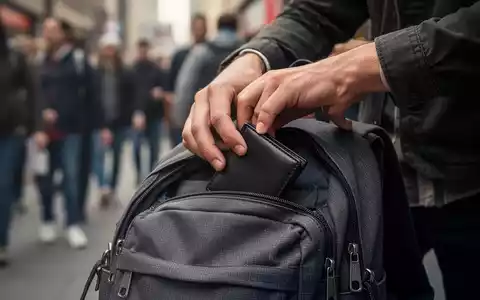 Eine Hand greift diskret in einen offenen Rucksack, um eine Geldbörse zu stehlen, im Hintergrund verschwommene Menschen. - Foto: über boerse-global.de