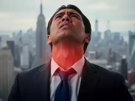 Eine gestresste Person in einem Anzug mit NYC-Skyline im Hintergrund, die Reflux und Stress in der Stadt symbolisiert. - Foto: über boerse-global.de