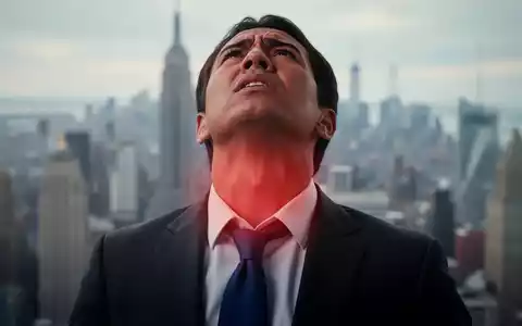 Eine gestresste Person in einem Anzug mit NYC-Skyline im Hintergrund, die Reflux und Stress in der Stadt symbolisiert. - Foto: über boerse-global.de