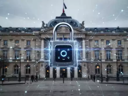 A glowing digital padlock over a blurred government building, with data streams representing a breach. - Foto: über boerse-global.de