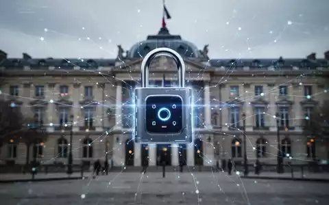 A glowing digital padlock over a blurred government building, with data streams representing a breach. - Foto: über boerse-global.de