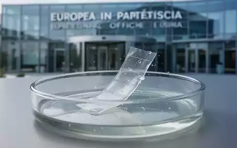 Ein transparenter oraler Filmstreifen in einer Petrischale mit einem unscharfen Hintergrund eines Patentamtes. - Foto: über boerse-global.de