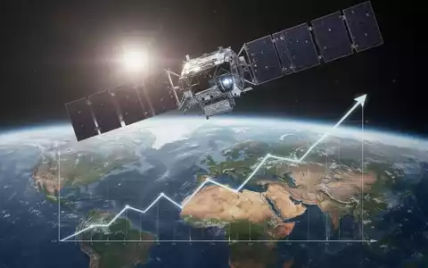 Ein Satellit umkreist die Erde, mit einer subtilen Aufwärtstrendlinie, die über einer Weltkarte liegt. - Foto: über boerse-global.de