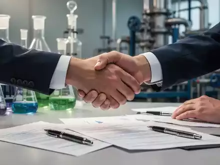 Hände schütteln sich über einem Verhandlungstisch mit Dokumenten und Stiften, im Hintergrund verschwommen chemische Industrieanlagen. - Foto: über boerse-global.de