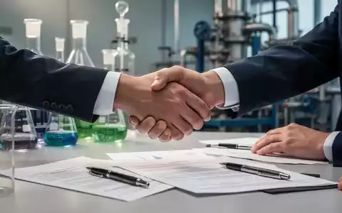 Hände schütteln sich über einem Verhandlungstisch mit Dokumenten und Stiften, im Hintergrund verschwommen chemische Industrieanlagen. - Foto: über boerse-global.de