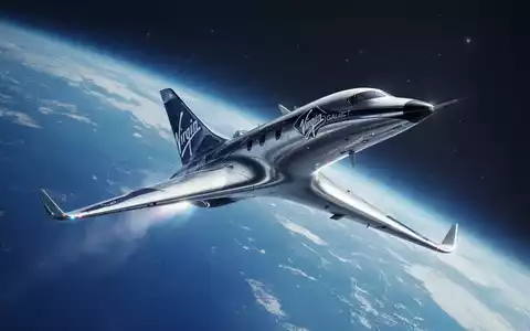 Ein schlankes, futuristisches Virgin Galactic Raumschiff steigt vor einem tiefblauen Weltraumhintergrund auf. - Foto: über boerse-global.de