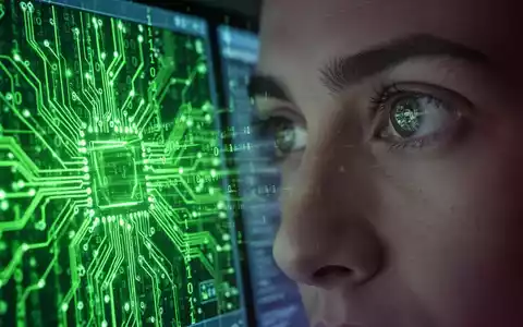 Close-up of a person's eye reflecting a glowing green circuit board with digital data, symbolizing cybersecurity and AI. - Foto: über boerse-global.de