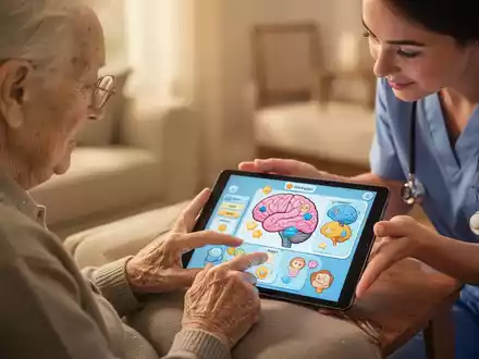 Eine ältere Person konzentriert sich auf ein Gedächtnistrainingsspiel auf einem Tablet, während eine jüngere Pflegekraft assistiert. - Foto: über boerse-global.de