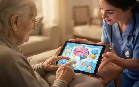 Eine ältere Person konzentriert sich auf ein Gedächtnistrainingsspiel auf einem Tablet, während eine jüngere Pflegekraft assistiert. - Foto: über boerse-global.de