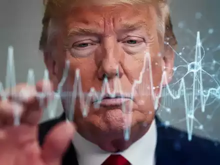 Nahaufnahme des Gesichts eines älteren Mannes, der Donald Trump ähnelt, mit abstrakten Hirndarstellungen im Vordergrund. - Foto: über boerse-global.de