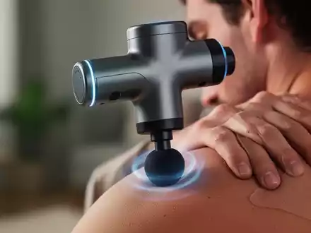Eine Nahaufnahme einer modernen Massagepistole, die eine perkussive Massage an der Schulter oder dem Rücken einer Person durchführt. - Foto: über boerse-global.de