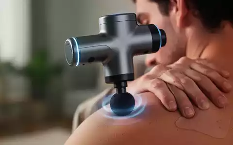 Eine Nahaufnahme einer modernen Massagepistole, die eine perkussive Massage an der Schulter oder dem Rücken einer Person durchführt. - Foto: über boerse-global.de