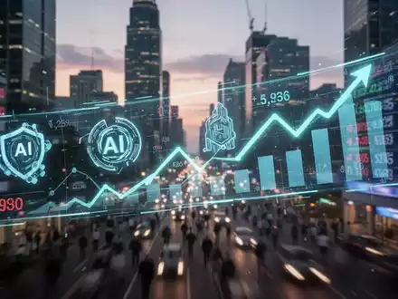 Ein futuristischer Börsenticker mit KI-Symbolen und Aufwärtstrends über einer verschwommenen Finanzmetropole bei Dämmerung. - Foto: über boerse-global.de
