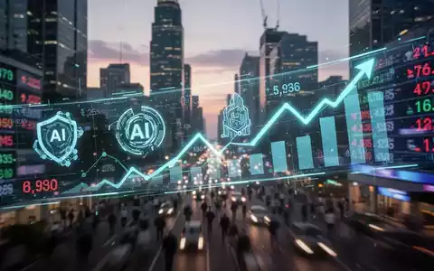 Ein futuristischer Börsenticker mit KI-Symbolen und Aufwärtstrends über einer verschwommenen Finanzmetropole bei Dämmerung. - Foto: über boerse-global.de