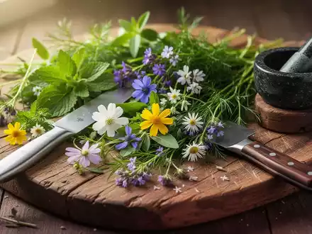 Frische Wildkräuter und essbare Blüten sind kunstvoll auf einem rustikalen Holzbrett arrangiert, daneben ein Kochmesser. - Foto: über boerse-global.de