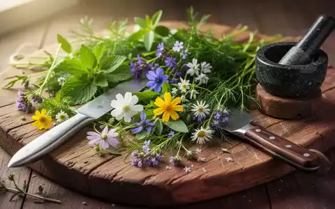 Frische Wildkräuter und essbare Blüten sind kunstvoll auf einem rustikalen Holzbrett arrangiert, daneben ein Kochmesser. - Foto: über boerse-global.de
