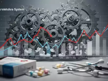 Abstrakte Darstellung des deutschen Gesundheitssystems mit Zahnrädern, Finanzdiagrammen und angedeuteten Pharma-Produkten, die Komplexität und Sparzwang symbolisieren. - Foto: über boerse-global.de