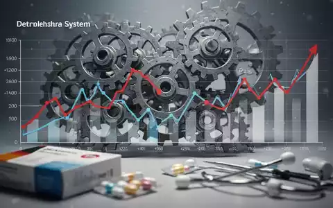Abstrakte Darstellung des deutschen Gesundheitssystems mit Zahnrädern, Finanzdiagrammen und angedeuteten Pharma-Produkten, die Komplexität und Sparzwang symbolisieren. - Foto: über boerse-global.de