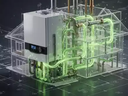 Ein modernes Heizsystem mit leuchtend grüner Energie, die durch Rohre fließt, überlagert ein Bauplan. Symbolisiert Energiewende und Gesetzgebung. - Foto: über boerse-global.de