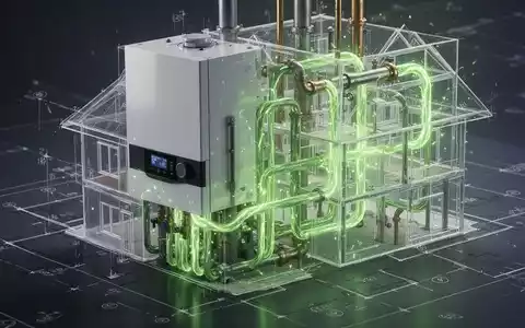 Ein modernes Heizsystem mit leuchtend grüner Energie, die durch Rohre fließt, überlagert ein Bauplan. Symbolisiert Energiewende und Gesetzgebung. - Foto: über boerse-global.de