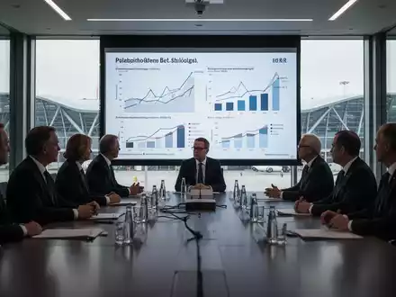 Ein Konferenzraum mit Wirtschaftsgrafiken auf einem Bildschirm und Personen, die an einem Tisch diskutieren, symbolisiert wirtschaftliche Herausforderungen. - Foto: über boerse-global.de