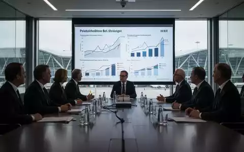 Ein Konferenzraum mit Wirtschaftsgrafiken auf einem Bildschirm und Personen, die an einem Tisch diskutieren, symbolisiert wirtschaftliche Herausforderungen. - Foto: über boerse-global.de