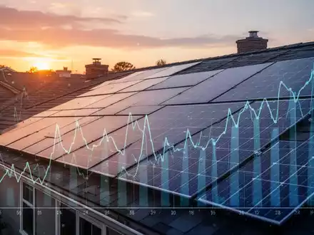Dach einer Wohnanlage mit Photovoltaikmodulen bei Sonnenuntergang, die fallende Finanzkurven überlagern. - Foto: über boerse-global.de