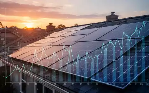 Dach einer Wohnanlage mit Photovoltaikmodulen bei Sonnenuntergang, die fallende Finanzkurven überlagern. - Foto: über boerse-global.de
