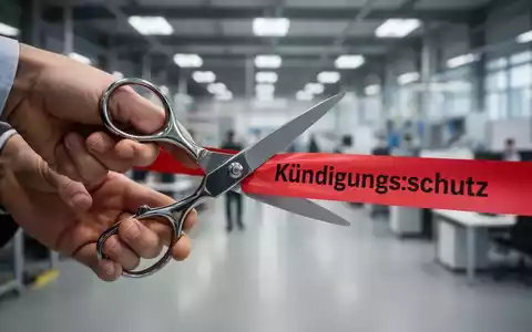 Eine Hand hält eine Schere, bereit, ein rotes Band mit der Aufschrift 'Kündigungsschutz' zu durchtrennen, vor unscharfem Hintergrund. - Foto: über boerse-global.de