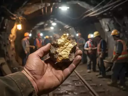 Nahaufnahme der Hand eines Bergarbeiters, die ein Stück Roherz mit Gold hält, im Hintergrund ein Minentunnel. - Foto: über boerse-global.de