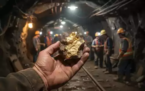 Nahaufnahme der Hand eines Bergarbeiters, die ein Stück Roherz mit Gold hält, im Hintergrund ein Minentunnel. - Foto: über boerse-global.de