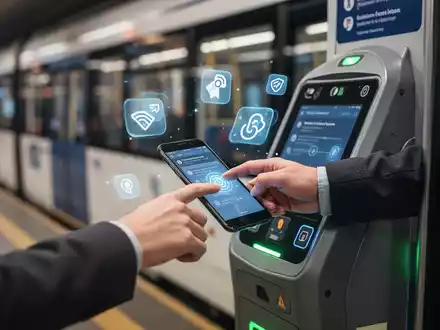 A person uses a smartphone to pay at a public transport fare validator, with a bus or train visible in the background. - Foto: über boerse-global.de