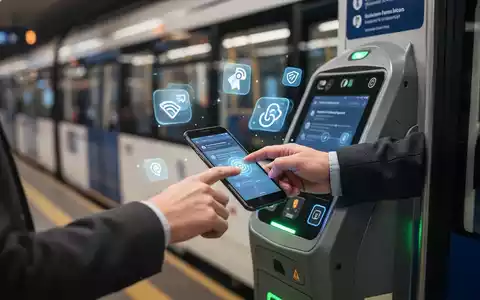 A person uses a smartphone to pay at a public transport fare validator, with a bus or train visible in the background. - Foto: über boerse-global.de