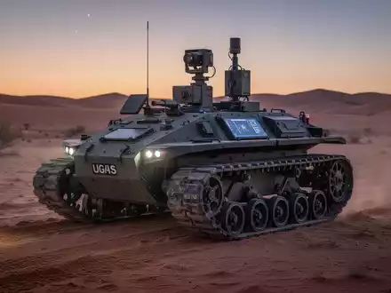 An indigenous unmanned ground vehicle (UGV) in a desert landscape, designed for military logistics and surveillance. - Foto: über boerse-global.de