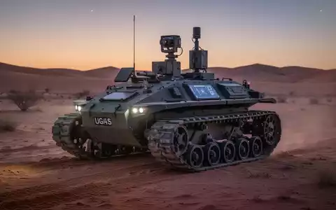 An indigenous unmanned ground vehicle (UGV) in a desert landscape, designed for military logistics and surveillance. - Foto: über boerse-global.de