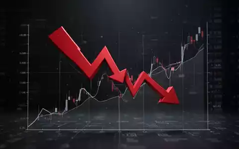 Roter Pfeil zeigt auf einem stilisierten Diagramm nach unten, das einen starken Rückgang an der Börse darstellt. - Foto: über boerse-global.de