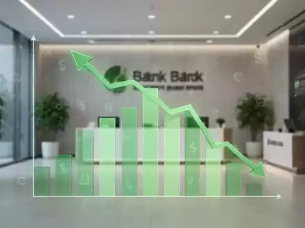 Eine stilisierte, grün getönte Balkengrafik mit Abwärtstrend, überlagert von Finanzsymbolen, vor dem Hintergrund einer modernen Banklobby. - Foto: über boerse-global.de
